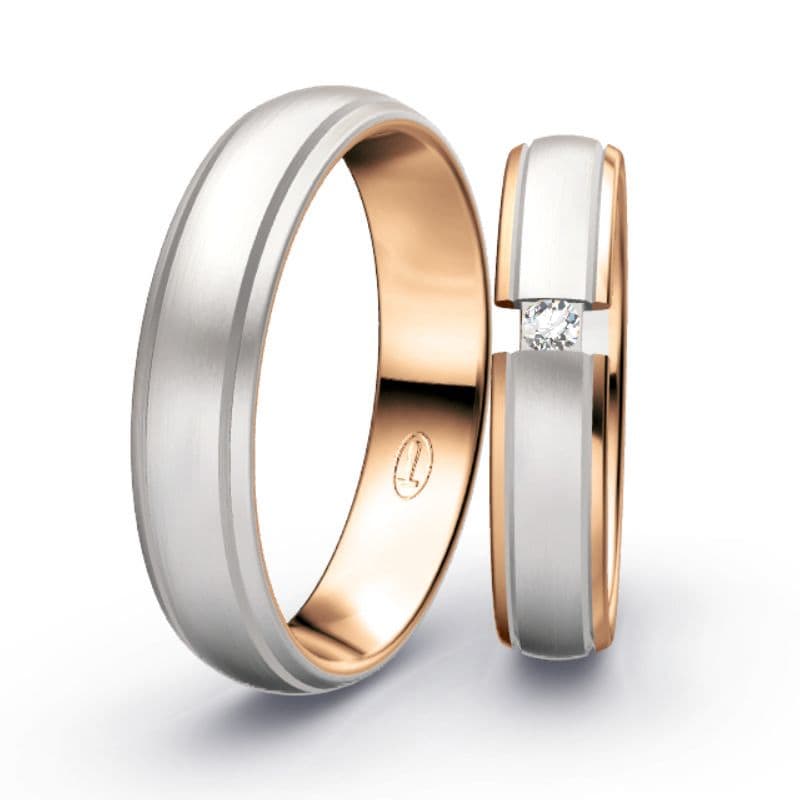 Juwelier Knappe klassischer Ehering in Bicolor - Spannringoptik mit Brillant